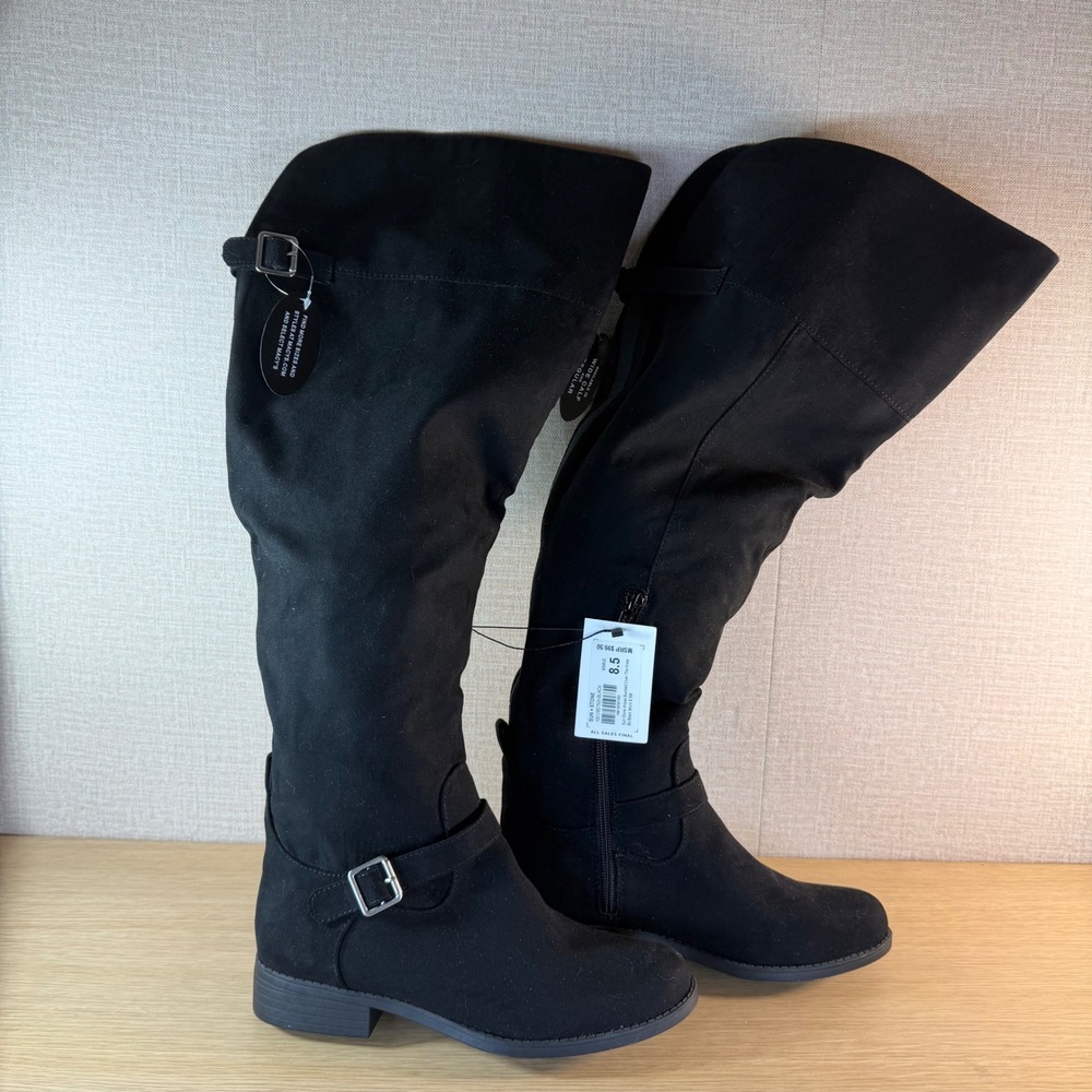 Sun + Stone Anyaa Buckled Over-The-Knee Boots Black Micro 8.5M Wide Calf NEW